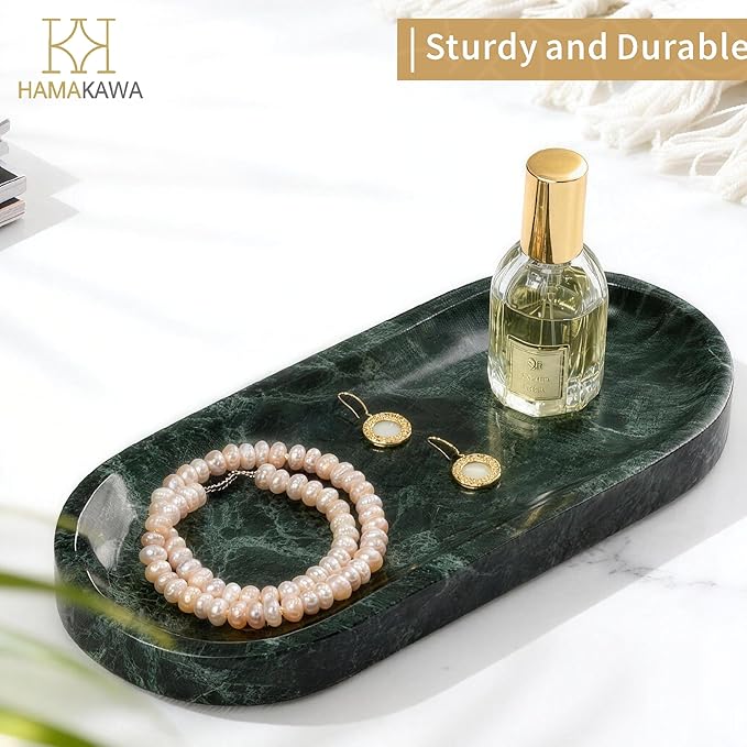 Bathroom Vanity Tray, Natural Marble Oval Tray 10 inch, Emerald Green Marble Vanity Tray for Soap Dispenser Modern Countertop Organizer for Kitchen Countertops, Home Decor