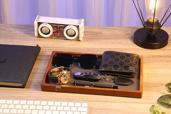 Shinpuru Wooden Valet Tray with Leather Inlay - Nightstand & Desk Organizer - EDC Essentials Catchall Tray for Keys, Phone, Wallet, Watch, Earbuds - Stylish Storage (Wood-Full)