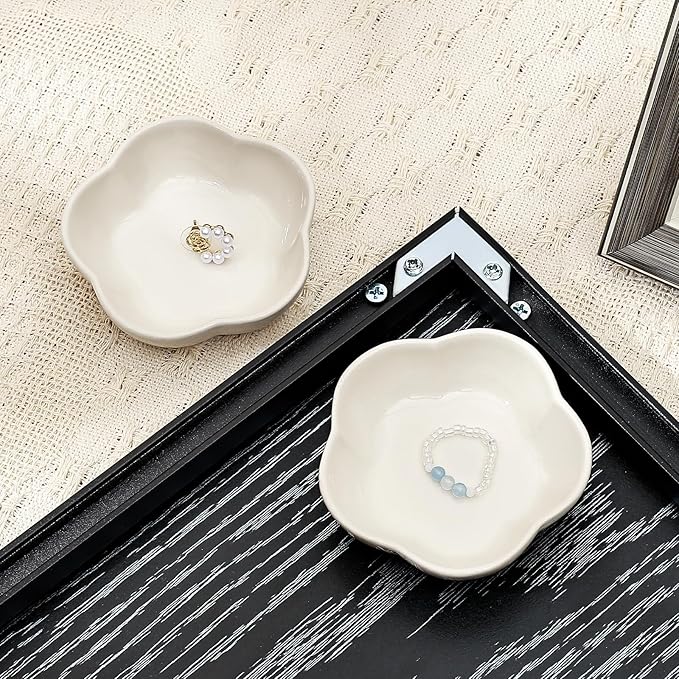 Koythin 2-Piece Small Trinket Dish, Ceramic Jewelry Ring Dish, Flower Key Holder Bowl for Women, Decorative Plate Tray for Dresser, Home Decor Organizer Trinket Tray (Five Petal Flower, White)