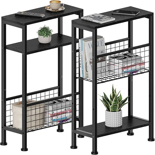 Karii Narrow Side Table, Skinny End Table for Small Spaces with Storage, 3-Tier Slim Wooden Bedside Nightstand Thin Couch Table for Living Room Bedroom Office Dorm Kitchen Bathroom (2, Black)