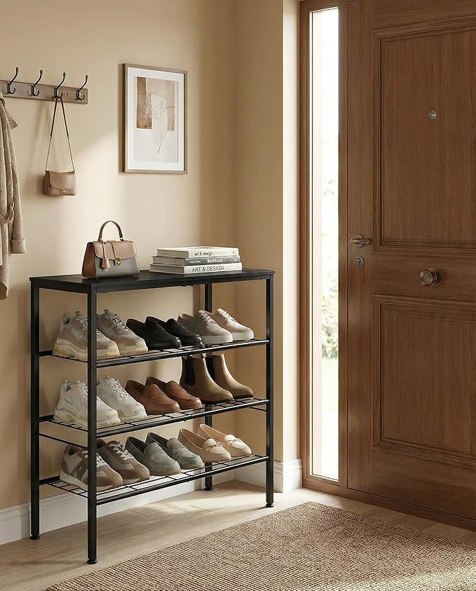 Shoe Rack, 4-Tier Shoe Storage Organizer for Closet and Entryway, Sturdy Metal Shoe Shelf with Adjustable Leveling Feet & Wooden Top for Small Spaces, 26.9” x 12.8” x 26.1”, Black