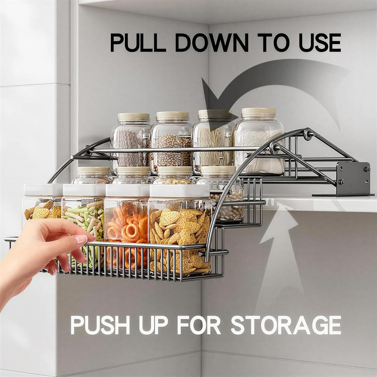 3-Tier Pull Down Spice Rack Organizer Expandable Pull-Out for Upper Cabinet Space-Saving for Inside Cabinet Expandable Display Riser Shelf Seasoning Shelf