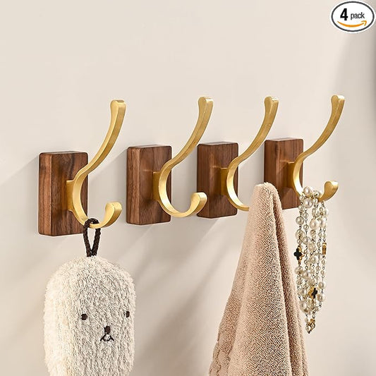 4 Pack Wooden Wall Hooks for Hanging, Adhesive Mounted & Wall Mount Nature Wood Coat Hook for Towel Clothes Blanket Hat Backpack Robe Nursery Door Board Entryway Key Holder Brushed Gold