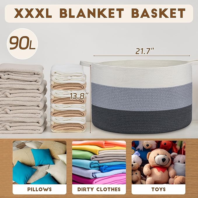 XXXLarge Woven Cotton Rope Basket (21.7" x 13.8") 90L – Blanket Basket for Living Room, Laundry Hamper, Baby Laundry Hamper, Toy Storage, Pillows & Cushions Organizer (White & Blue)