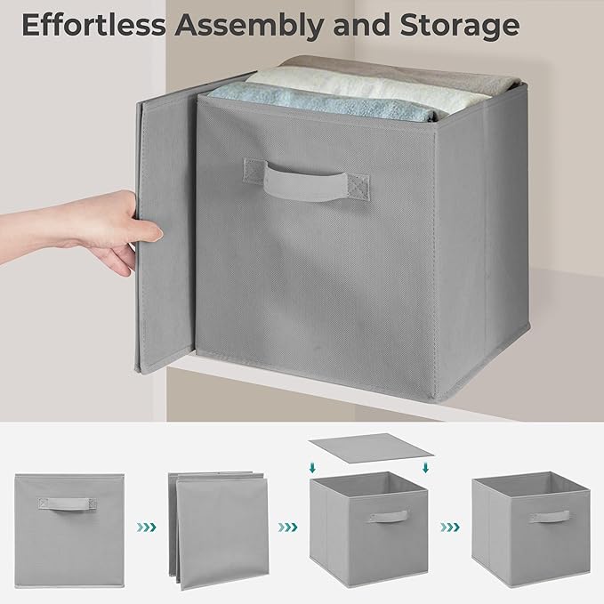 11 Inch Fabric Storage Bins, Storage Cubes, Collapsible Cube Storage Box, Fabric Closet Organizers with Handle for Home, Office, Shelf, Closets, Bedroom, Living Room, Grey, 5 Pack