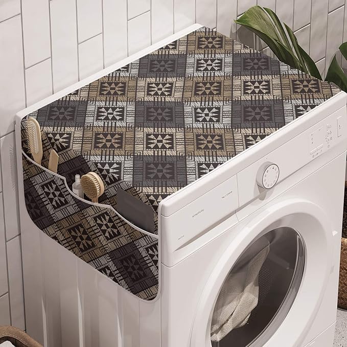 Ambesonne Abstract Washing Machine Organizer Pack of 2, Embellishment of Ethnic Traditional Structures, Anti-Slip Cover for Washers Dryers, 47" x 18.5", Dimgray Grey