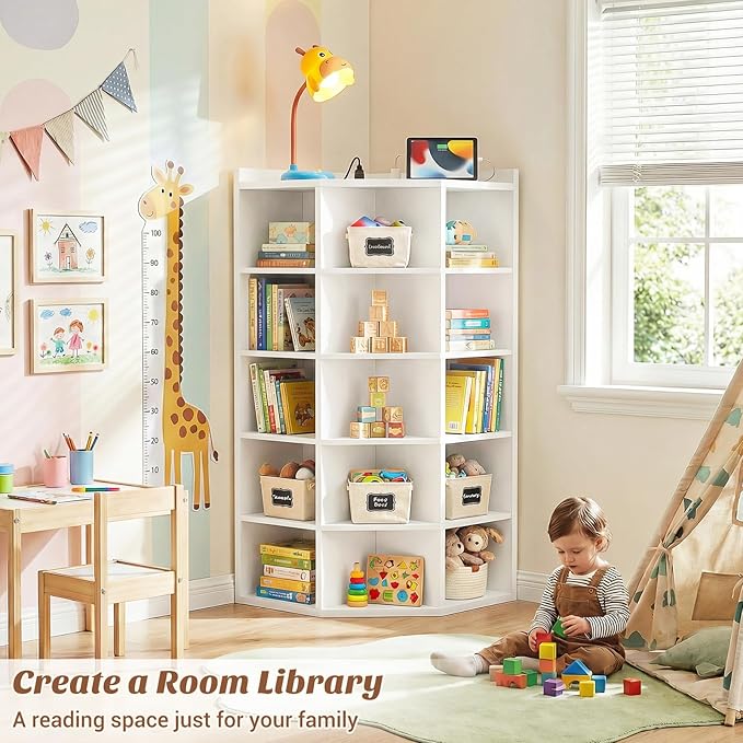 Aheaplus Corner Cabinet, 6-Tier Corner Bookshelf with Power Outlets, Corner Cube Storage Shelf with Top Table, Wooden L Cubby Toy Storage with 15 Cubes for Home Office, Bedroom, Living Room, White