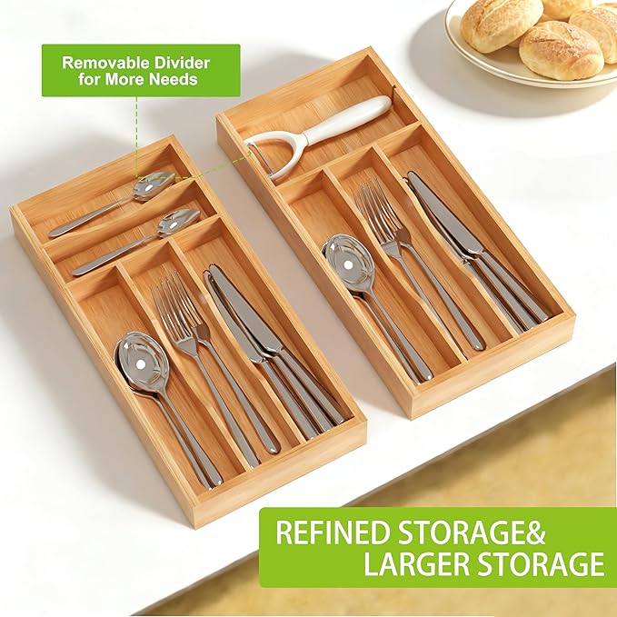 Bamboo Utensil Drawer Organizer with Removable Dividers, Kitchen Organizer for Flatware Cutlery, Silverware Tray for Drawer (5/4 Flexible Slots, Natural)
