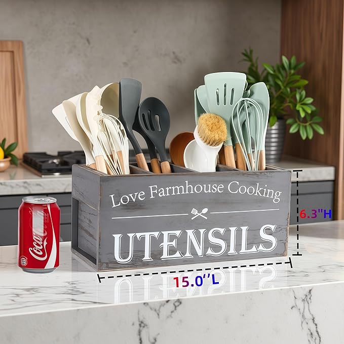Utensil Holder,Extra Large Wooden Utensil Holder For Kitchen Counter,Cooking Spatula Organizer,Big Storage Caddy With 4 Compartments Flatware Spoon Tool Cutlery（Grey）