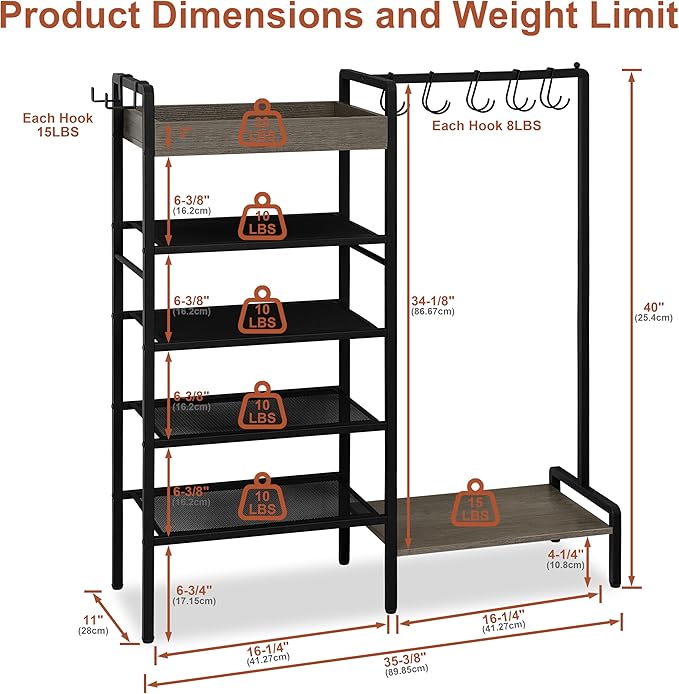 2-in-1 Narrow Shoe Rack with Bag Organizer, Garage Shoe Rack with Wooden Tray & 7 Hooks, Industrial Metal Shoe Shelf for Boot Storage, Front Door Entrance, Entryway, Closet, Black