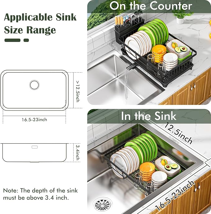 Dish Drying Rack - Space-Saving Small Dish Rack for Kitchen Counter, Rust-Resistant Kitchen Drying Rack, Compact Dish Drainer Organizer with Utensil Holder for Home Kitchen, Black