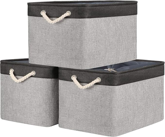 TheWarmHome Organization and Storage Basket for Shelves - 20x16x14 inch Jumbo 3 Pack Collapsible Storage Bins for Organizing, Fabric Storage Cubes for Organizer Gift Toy Closet (Black & Grey)