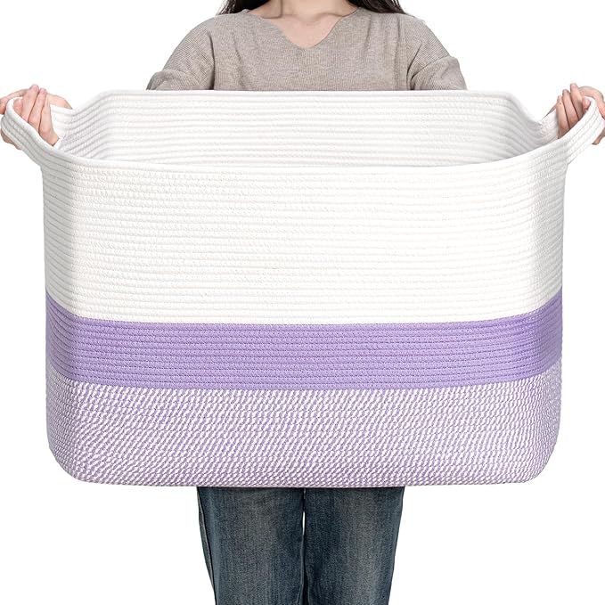 CLHMILY&Z Stylish Square Cotton Rope Storage Basket (Purple & White, 110L)