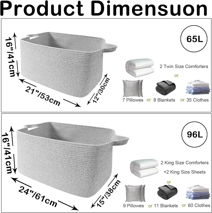 Magazine & Newspaper Baskets,65L Large Woven Rope Blanket Basket,21"x16"x12"Storage Bin with Handle,Toys Storage,Laundry Basket for Home Organization/Living Room/Nursery/Bedroom,Grey