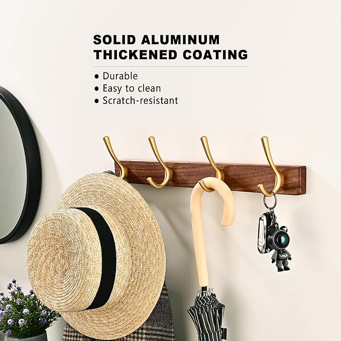 17.3" Small Walnut Wood Coat Rack Wall Mount with 4 Hooks, Heavy Duty Wooden Jacket Hanger Door Mounted for Decorative Entryway Bathroom Hanging Towel Backpack Purse Clothes Hat Key Gold