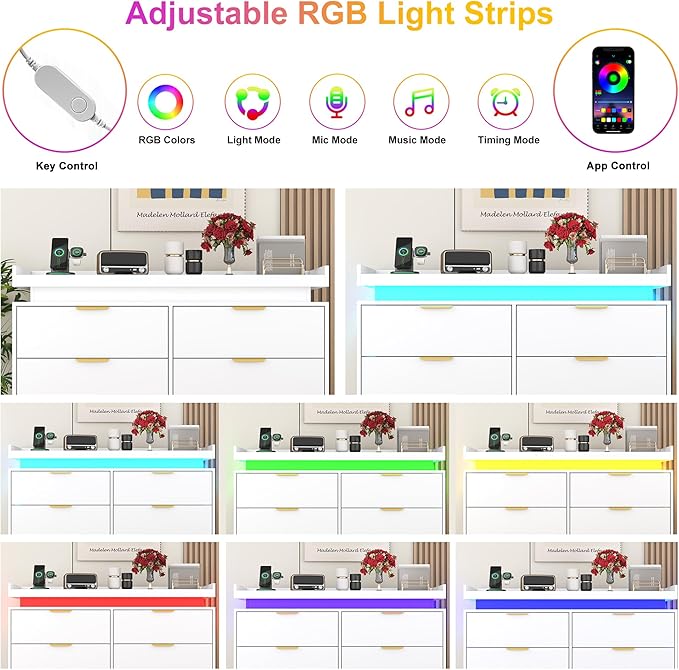 6 Drawer Dresser for Bedroom, White Dresser with LED Lights and Power Outlet, Modern Chest of Drawers for Closet, Double Wide Drawer Organizer Cabinet for Bedroom, Living Room, Entryway, Hallway