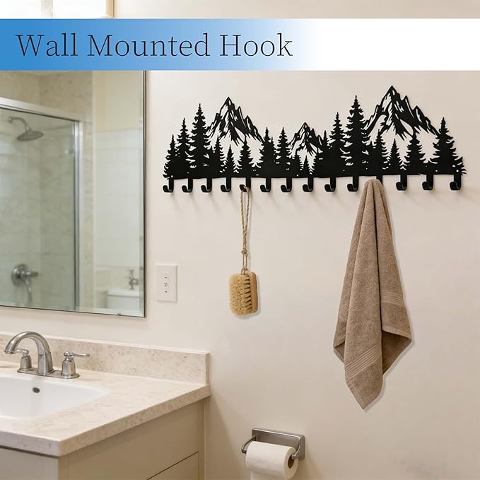 Large Black Mountain Wall Decor Coat Rack with 14 Hooks, Decorative Forest Wall Hanger for Cabin Entryway Front Door Bathroom Kitchen Office Home Wall Mount Holder for Key, Hat, Bag, Cloth