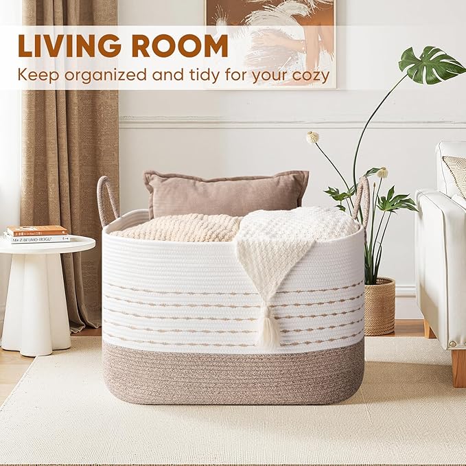 XXL Large Blanket Basket for Living Room, 108L Woven Storage Baskets for Organizing, Rectangle Cotton Rope Basket Toy Chest With Handles--Brown & White