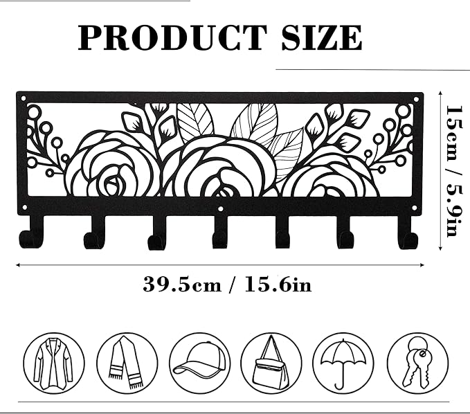 Black Metal Flower Wall Mount Rack with 7 Hooks, Decorative Wall Hanger for Coats, Jackets, Hats, Bags, Keys, Metal Wall Organizer for Bedroom, Bathroom, Kitchen, Living Room, Office, Home