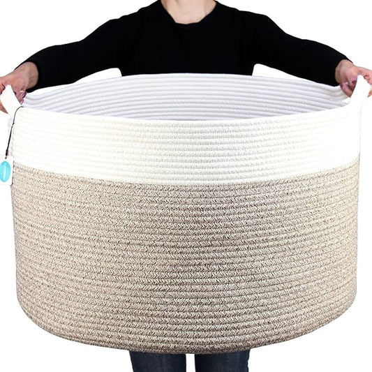 Casaphoria XXXLarge Cotton Rope Basket for Living Room - Woven Storage Basket with Handle for Blankets, Towels and Pillows Laundry Hamper | Cream white and Brown (22" x 22" x 14")