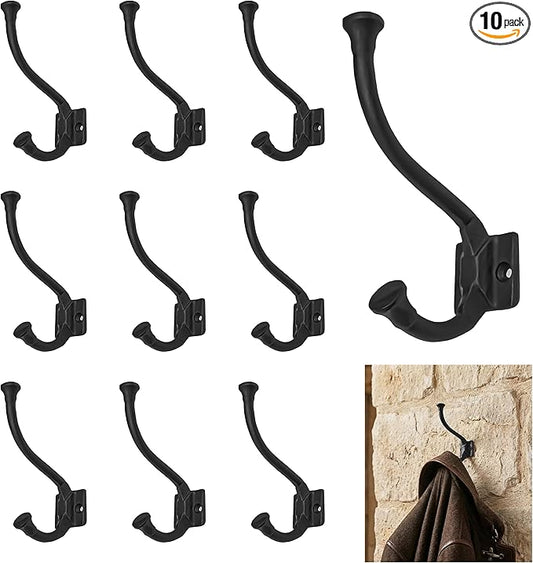 Mystic Colonial Medieval Rustic Cast Iron Wall Hooks (4 in x 3 in) Vintage Black Coated Double Coat & Hat Hook Hangers | Heavy-Duty Farmhouse, Gothic & Modern Decor - Pack of 10