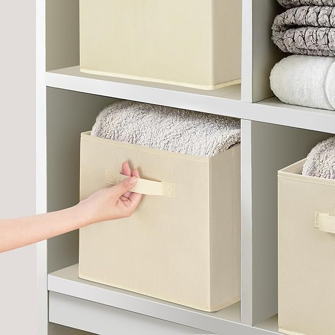 11 Inch Fabric Storage Cubes, Sturdy Foldable Storage Bins, Heavy Duty Cube Organizer for Clothes, Blankets, Shelves, Closets, Bedroom, Living Room, Beige, 7 Pack