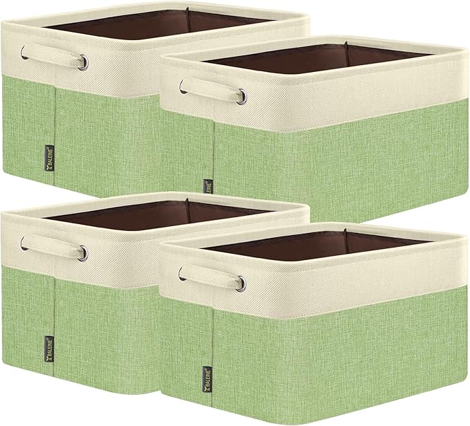 BALEINE 4 Pack Fabric Closet Storage Bins for Shelves, Linen Closet Organizers and Storage, Decorative Baskets for Organizing, Shelf, Clothes, Home, Office (Green, 14''x10''x8.5'')