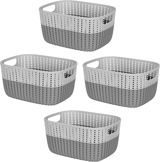 Simplify 4 Pack 2 Tone Sailor Knot Plastic Storage Tote | Decorative Basket | Closet Organization | De-clutter | Accessories | Toys | Bathroom Organization | Medium | Grey/Grey