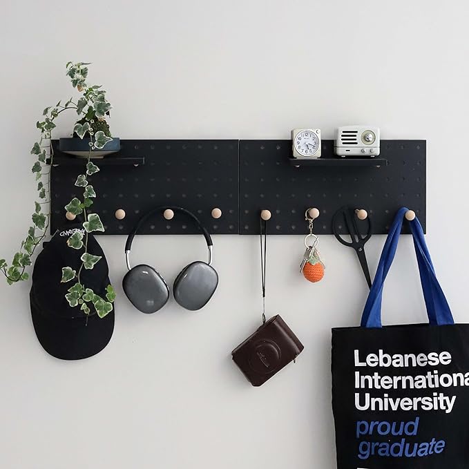 Wooden Pegboard Accessories Set: Modular Wall Hooks & Shelf for Garage, Office & Home Organization(Black Colored Finish-B)