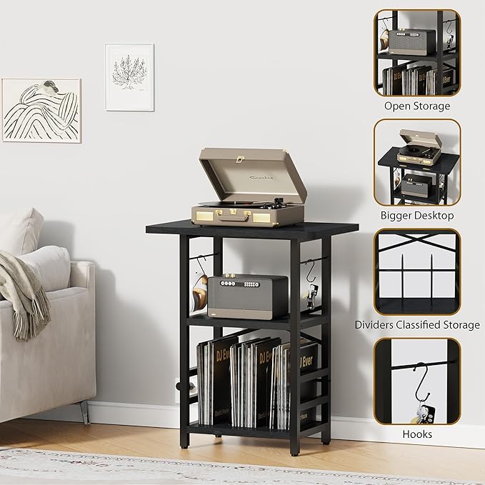 Record Player Stand with Extended Desktop,Large Record Player Table with Vinyl Storage,Turntable Stand with Record Holder Vinyls Display Shelf for Music Room Studio,Modern Black