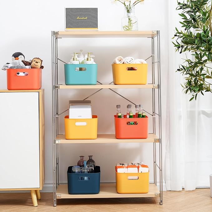 Plastic Storage Bins with Lid, Stackable Storage Containers for Organizing, Decorative Storage Baskets for Shelves Living Room Playroom Classroom Office (Medium 2PCS (Yellow+Orange))