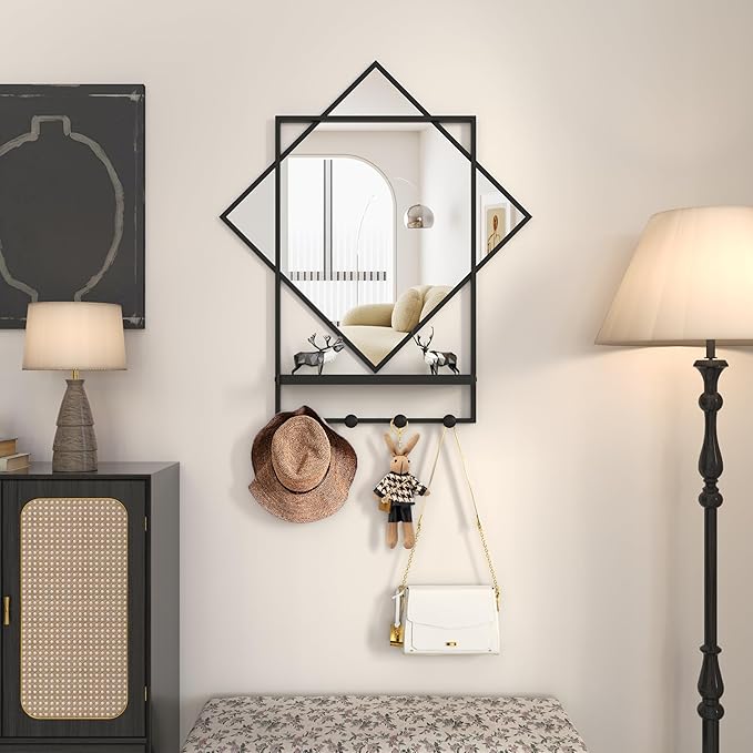 WONSTART Black Entryway Mirror with Hooks, 26" X 30" Wall Mirror with Hooks, Bathroom Mirror with Shelf, Rectangular Framed Wall Mirror with Shelf and Hooks