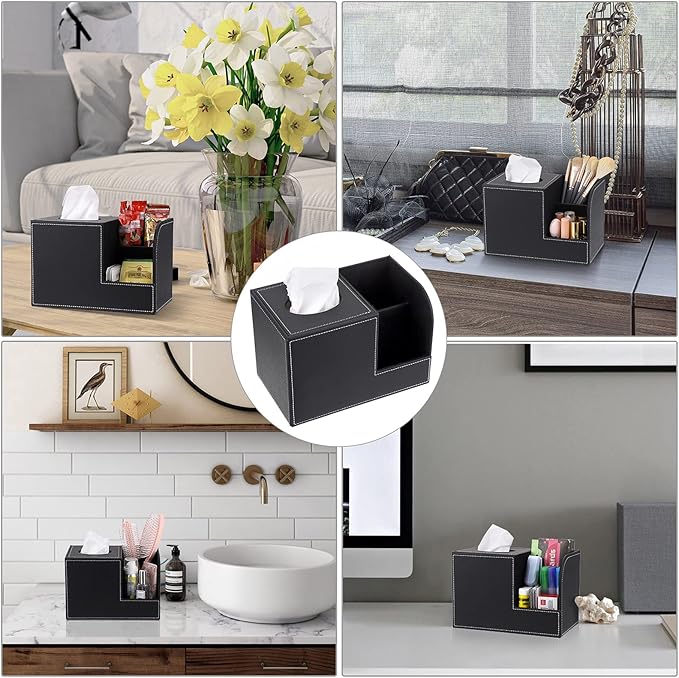 Sumnacon Square Leather Tissue Box Cover - Decorative Cube Tissue Box Holder with Side Organizer, Modern Tissue Box for Living Room Vanity Night Stand Table Countertop Office, Black