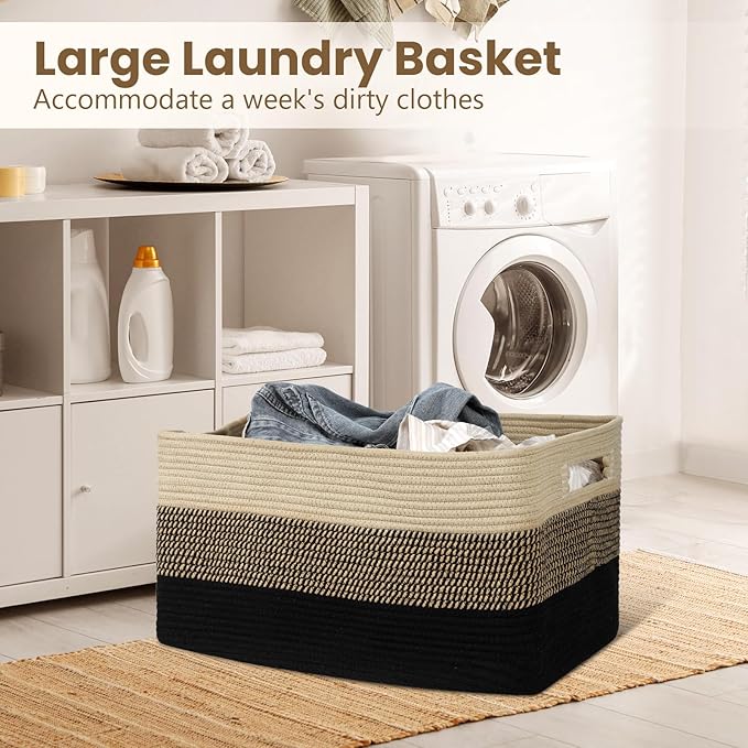 75L Large Blanket Basket, Woven Storage Baskets with Reinforced Handles, Rope Laundry Basket for Living Room, Bedroom, Nursery, Toys, Clothes, Pillows, 22â x 17â x 11.5â, Black & Brown