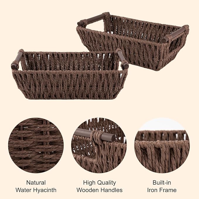 OIAHOMY Small Storage Baskets, Paper Rope Wicker Organizers with Wooden Handles, Baskets for Organizing, 2-Pack, Brown