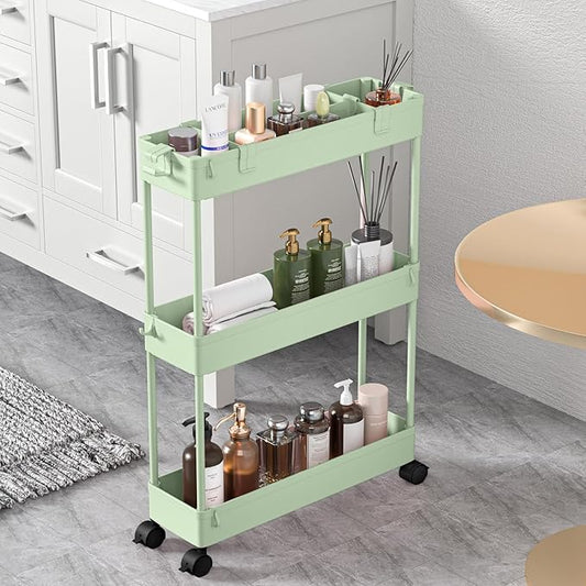 SPACELEAD Slim Storage Cart 3 Tier,Bathroom Organizer Rolling Utility,Mobile Shelving Unit Slide Out for Office, Kitchen, Laundry Room & Narrow Placesï¼Green