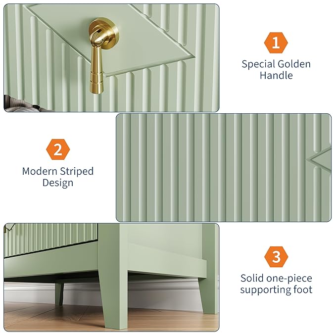 GarveeHome Fluted Dresser for Bedroom, 27.5" Wide 3-Drawer Wood Dresser, Modern Chest of Drawers, Storage Organizer Cabinet for Living Room, Hallway, Entryway, Green