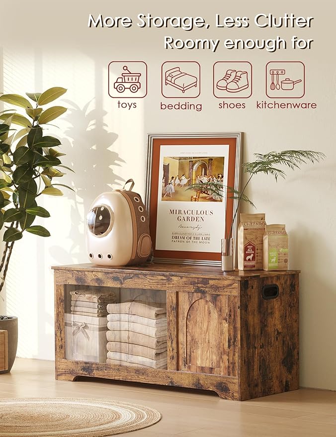 DINZI LVJ Storage Chest, 39.4â Wooden Toy Box with 2 Safety Hinges, Entryway Shoe Bench with Flip-Top, Sturdy Large Storage Trunk for Living Room, Bedroom, Playroom, Easy Assembly, Rustic Brown