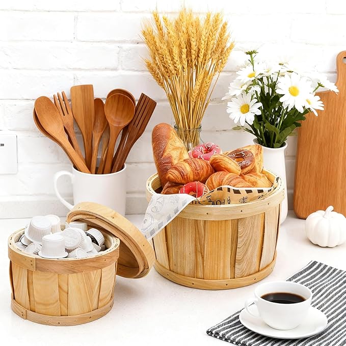 Lawei Set of 2 Round Woven Storage Baskets with Lids, Natural Woodchip Handmade Snack Fruit Organizer Bin for Kitchen, Small Wooden Decorative Box Empty Gift Containers for Shelf, Home, Bathroom Decor