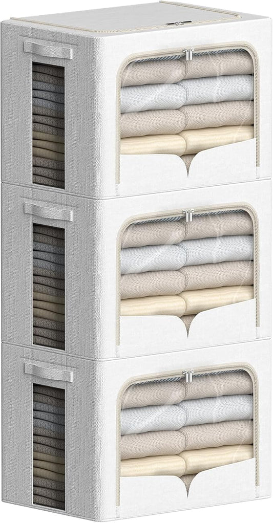 FHSQX 3 Pack Clothes Storage Bins Foldable Metal Frame Storage Box Stackable Linen Fabric Container Organizer Set with Carrying Handles and Clear Window (Cream White, 15.7x11.8x11.8inch(36L))