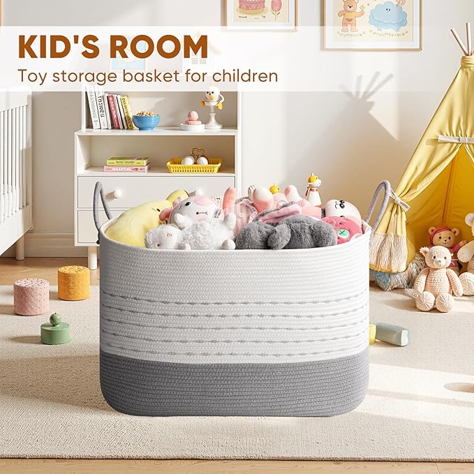 XXL Large Blanket Basket for Living Room, 108L Woven Storage Baskets for Organizing, Rectangle Cotton Rope Basket Toy Chest With Handles-Grey & White