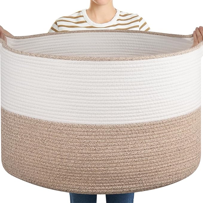 XXL Large Blanket Basket with Handles, 105L Woven Storage Basket for Living Room, Cotton Rope Baby Toy Storage for Clothes, Pillows, Towels-Brown & White