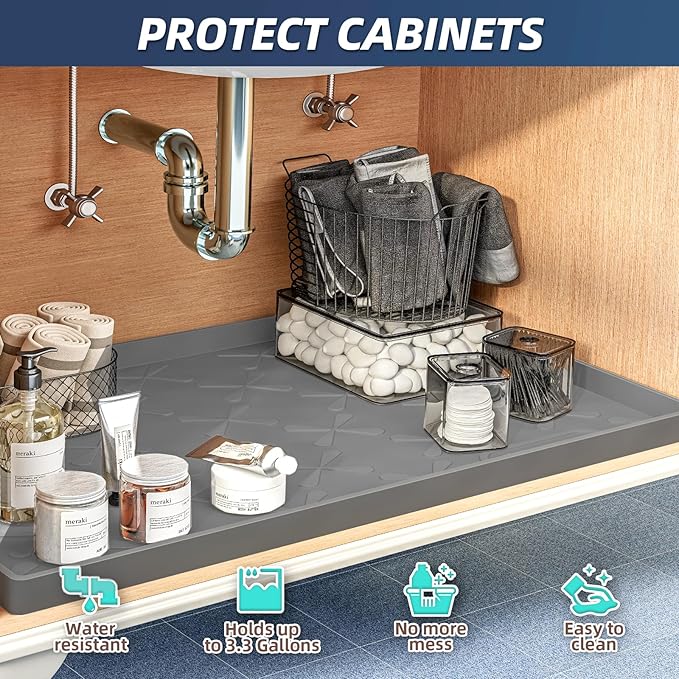SIKADEER 34" x 22" Under Sink Mat Waterproof, Silicone Mat Kitchen Drawer Shelf and Cabinet Liner, Sink Protector for Kitchen Organizers and Storage, Boot Tray Pet Food Mats