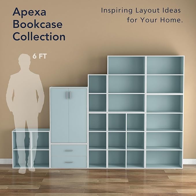 Homes: Inside + Out Apexa 6-Cube Storage Organizer Shelves, Stackable Wood Bookcase Fits Cubby Bins for Organization, Dorm Teen Room Decor & Home Office, Light Blue