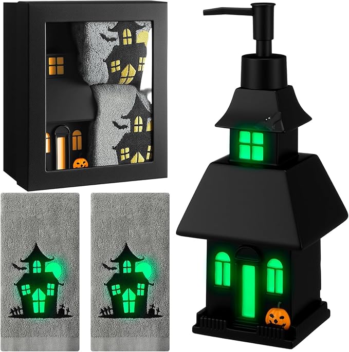 4 Pcs Halloween Soap Dispenser Bathroom Decoration Glowing Castle Soap Dispenser Lotion Pump Halloween Hand Towels with Gift Box Set for Home Bath Kitchen Accessories