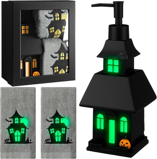 4 Pcs Halloween Soap Dispenser Bathroom Decoration Glowing Castle Soap Dispenser Lotion Pump Halloween Hand Towels with Gift Box Set for Home Bath Kitchen Accessories