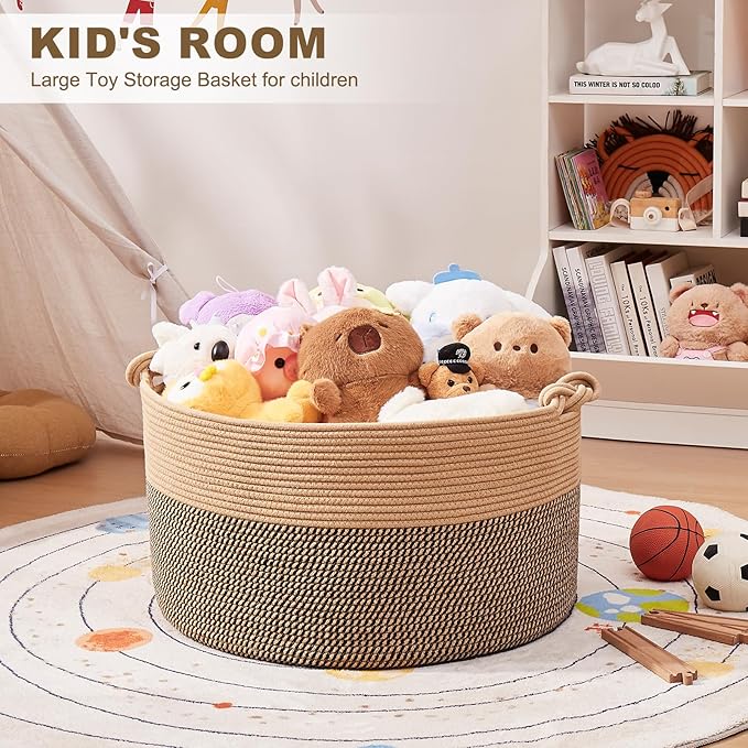 Large Blanket Storage Basket for Living Room, 22.8" x 22.8" x 13" Woven Cotton Rope Basket with Handles, Baby Toy Storage, Laundry Hamper for Clothes, Pillows, Towels-Brown and Black
