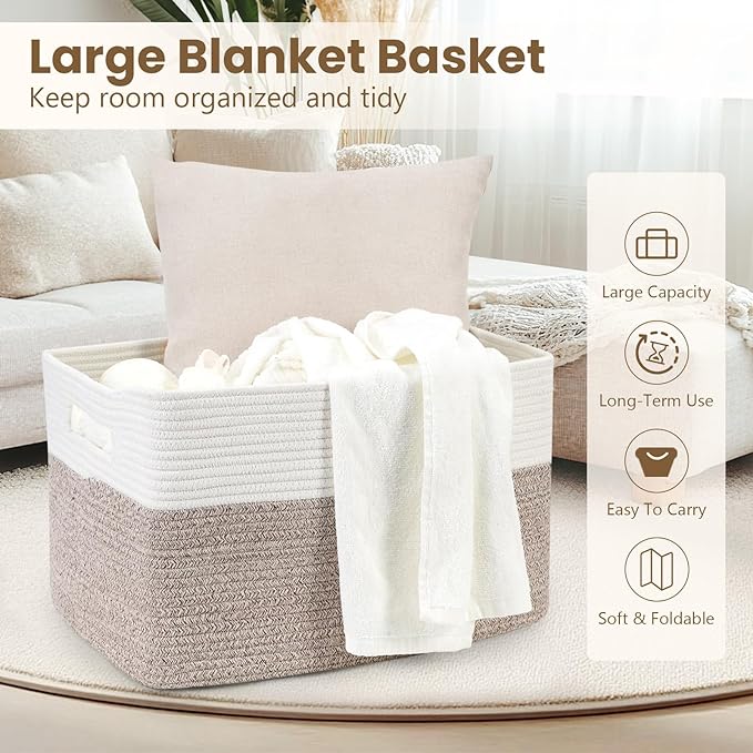 95L Large Blanket Basket, Woven Storage Baskets with Reinforced Handles, Rope Laundry Basket for Living Room, Bedroom, Nursery, Toys, Clothes,Pillows, 24â x 17â x 13.5â, White & Brown
