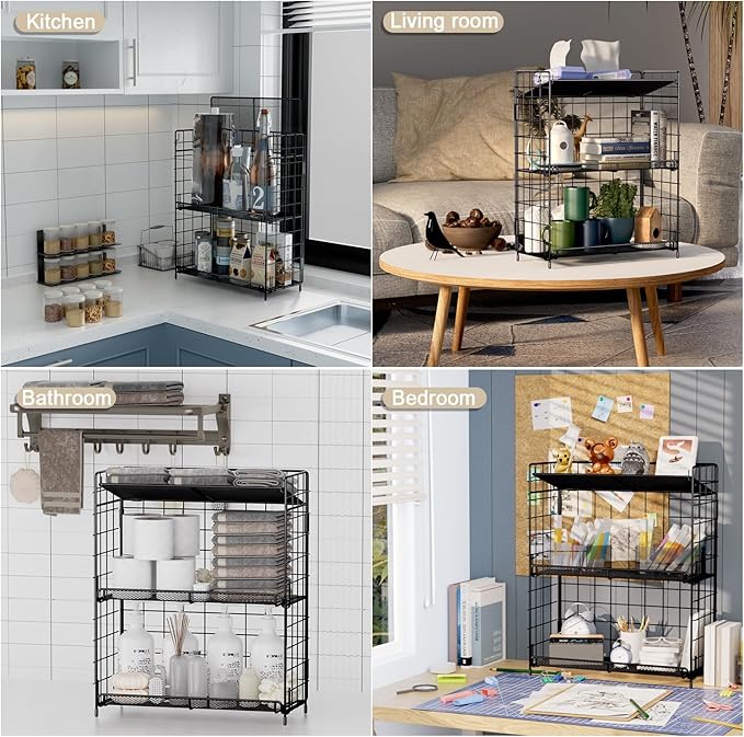Spice Rack Organizer, 3 Tier Adjustable Height Spice Rack, Installation Free, Foldable Multi-Purpose Storage, Suitable for Kitchen/Bathroom/Home/Office
