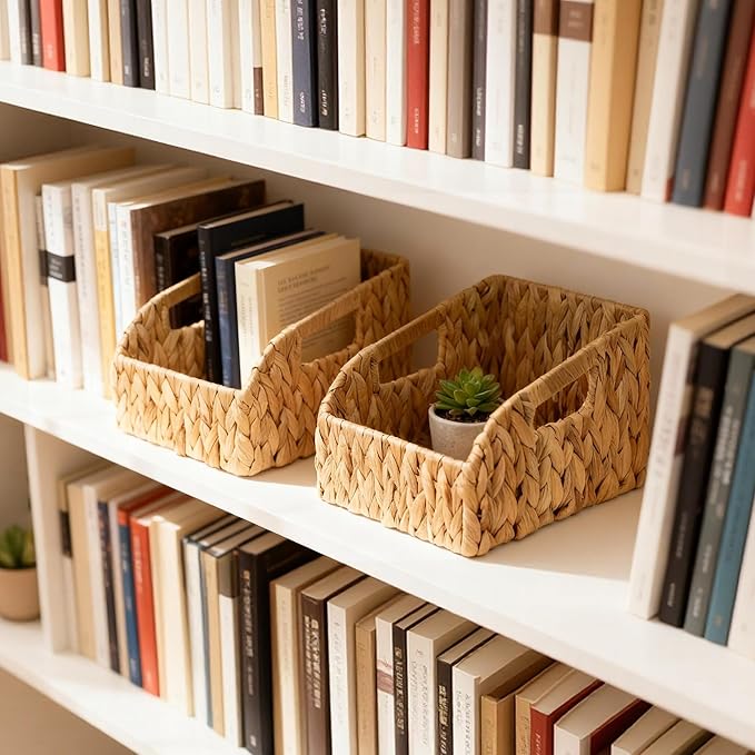 Pantry Organizers Labeled Storage Baskets for Organizing with Handles, Large Wicker Storage Baskets for Shelves,Kitchen, Water Hyacinth Storage Bins, Boho Decorative, 3Pack,Natural